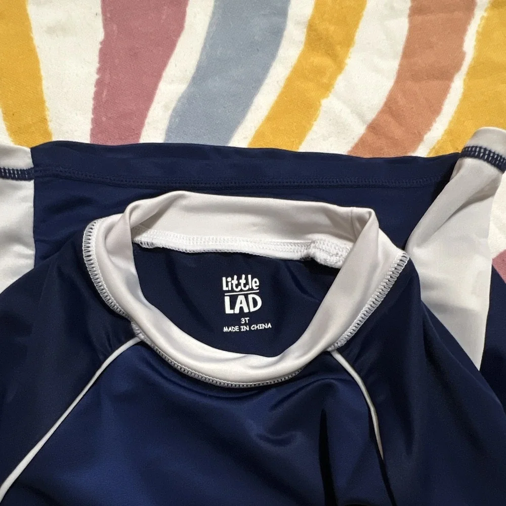 Little Lad Boys Long Sleeve Rash Guard Swim Shirt Colorblock Navy/White 3T